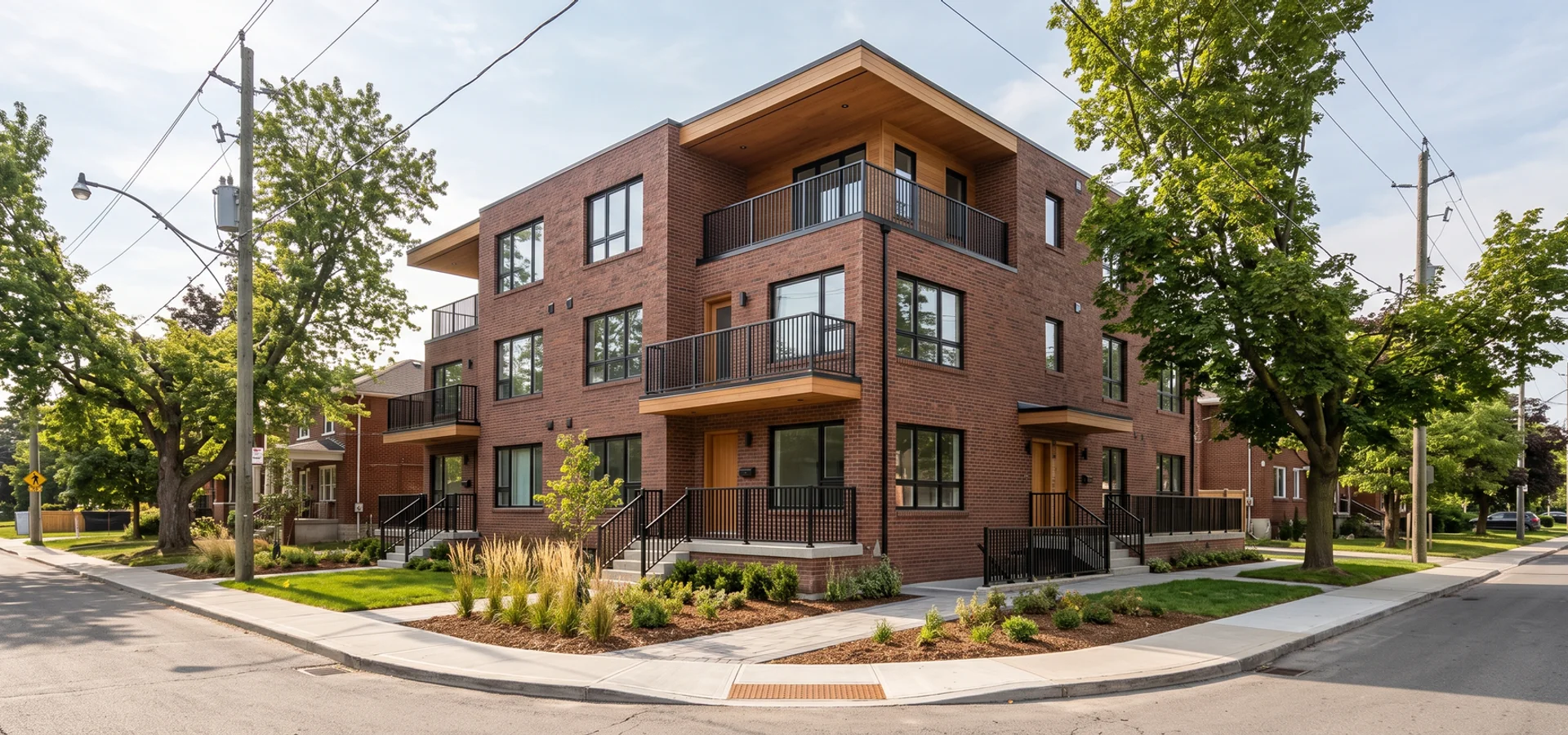 Completed Scarborough corner-lot sixplex with entrances on two streets