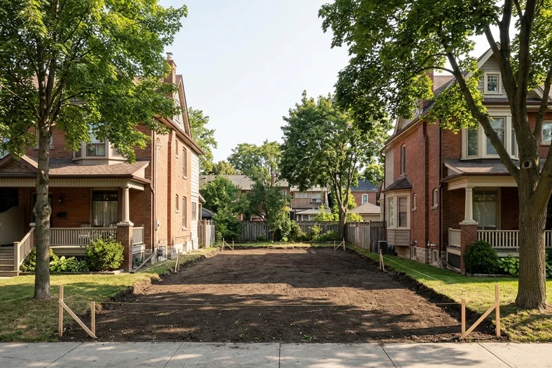 Toronto infill lot with survey stakes marking setbacks