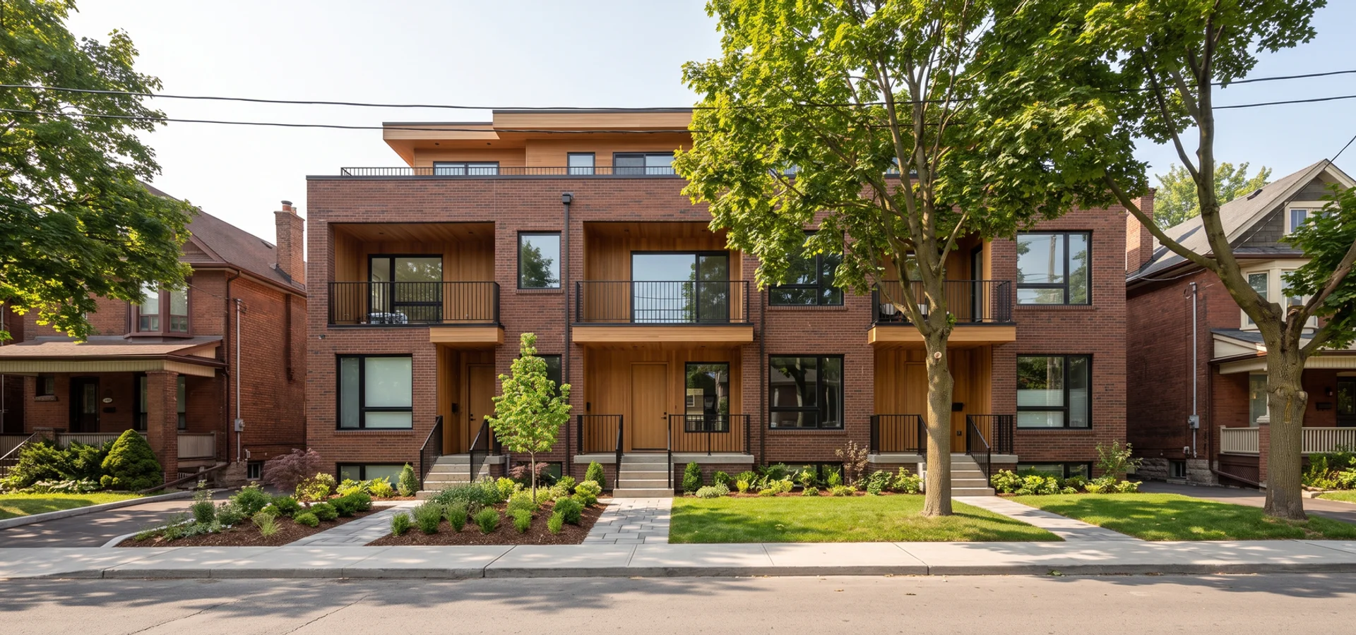 Finished three-storey brick and oak fourplex on a tree-lined Toronto infill street in morning light