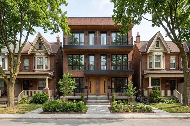 New three-storey multiplex on a narrow Riverdale lot between bay-and-gable houses