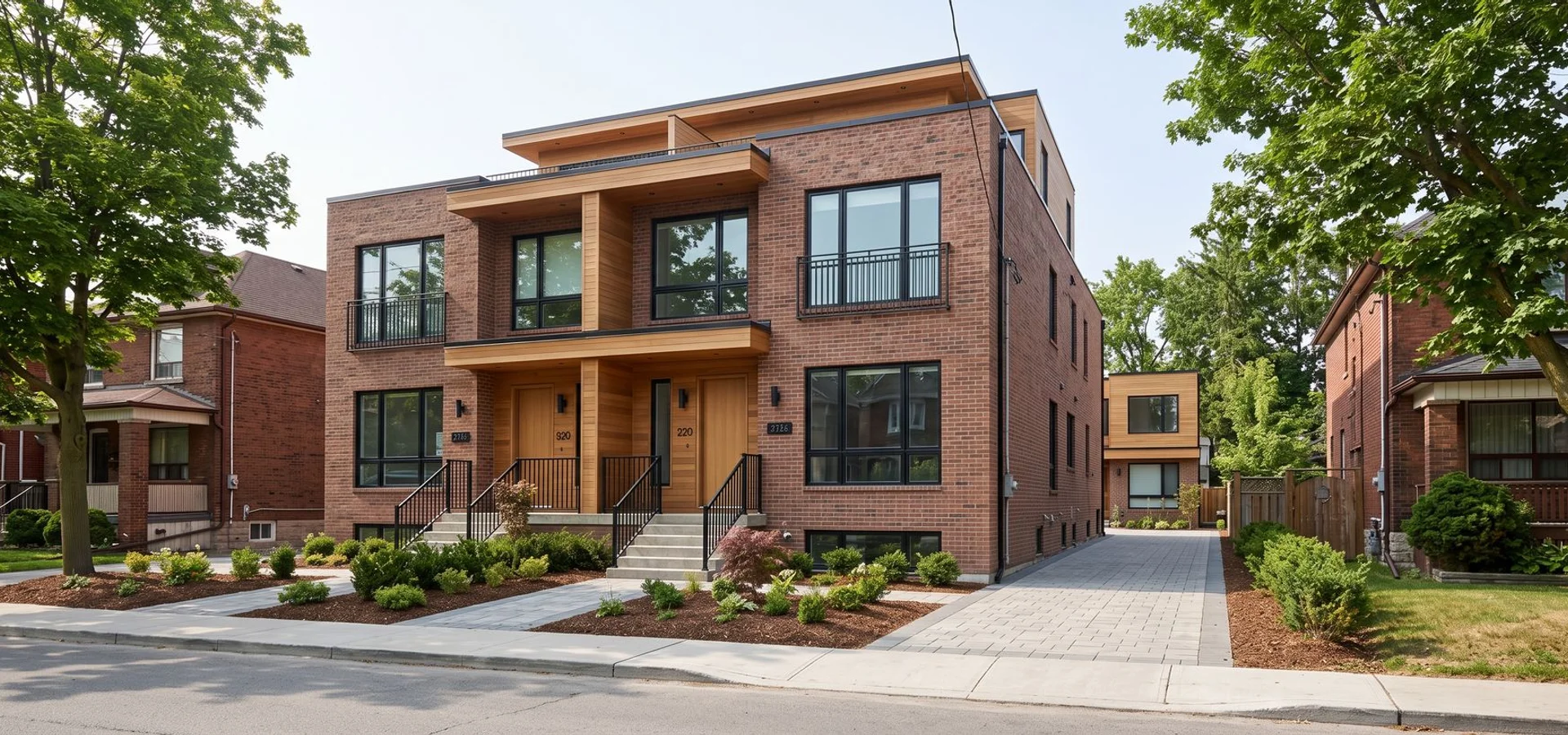 New fourplex on a deep Mimico lot with a garden suite behind