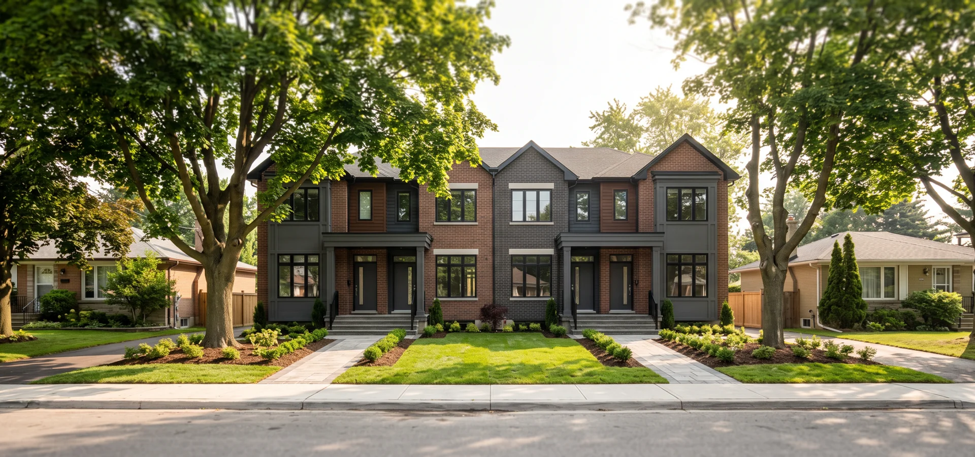 New side-by-side fourplex on a wide North York lot with mature maples