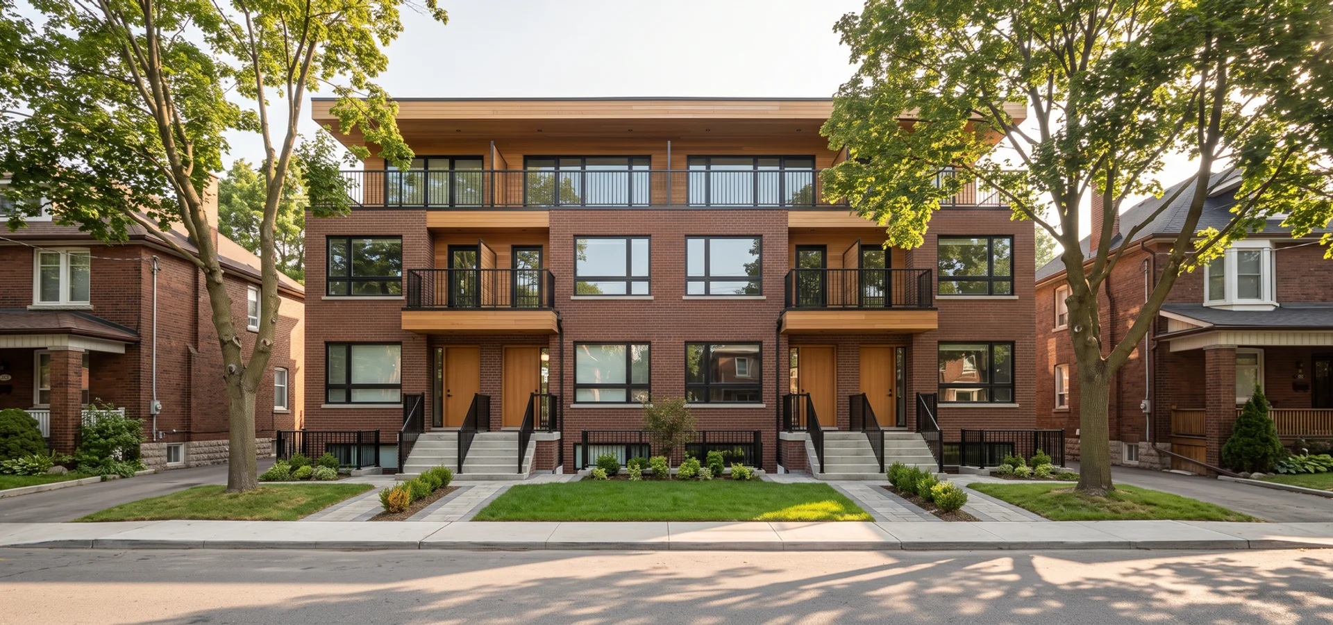 New three-storey Toronto fourplex with brick and oak facade and four separate entrances