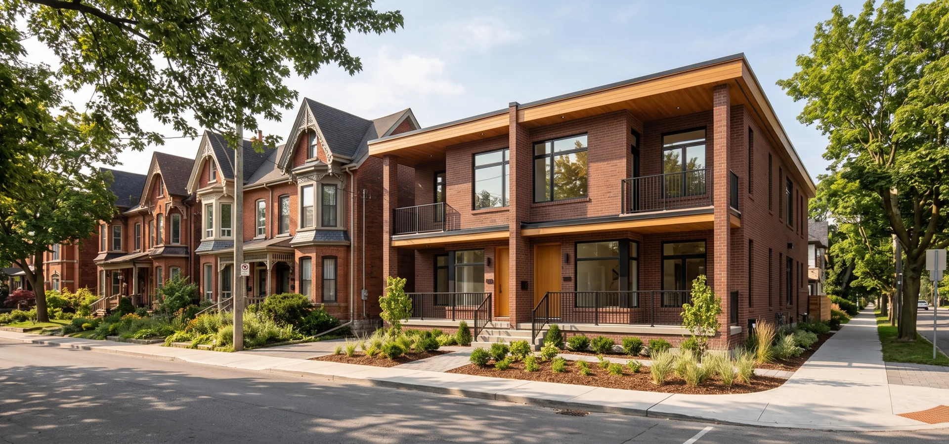 Victorian brick houses and a new fourplex on a tree-lined Leslieville street