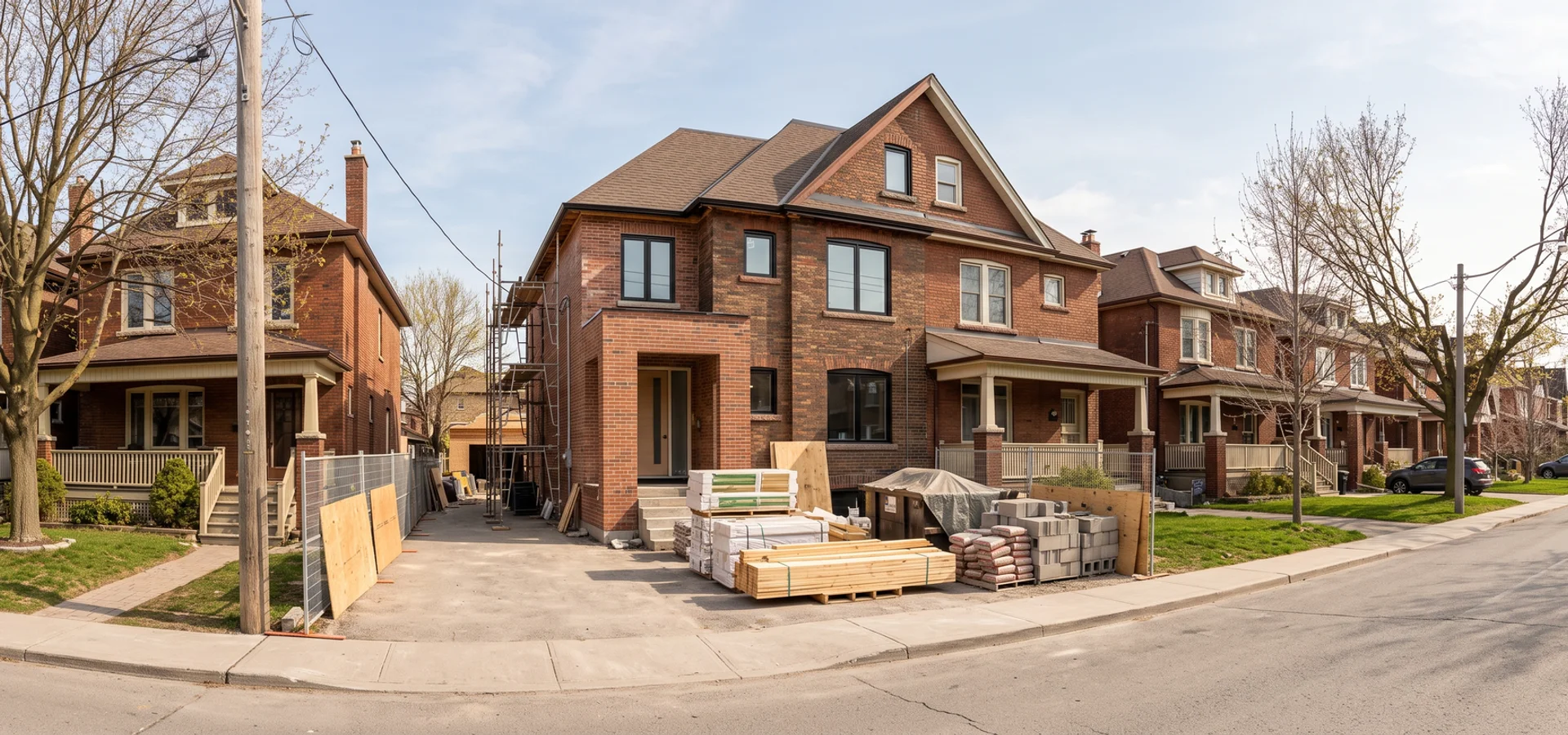 Toronto semi-detached brick house partway through a multiplex conversion with a new side entrance
