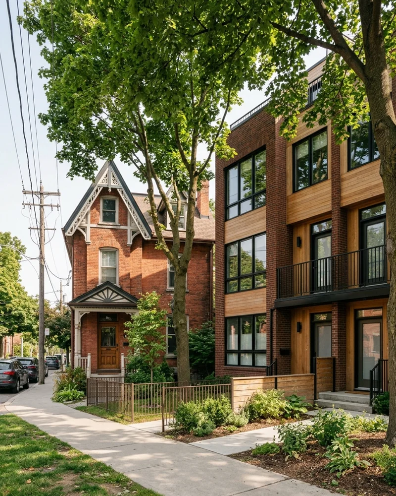 Tree-lined Toronto street with a restored Victorian next to a new fourplex