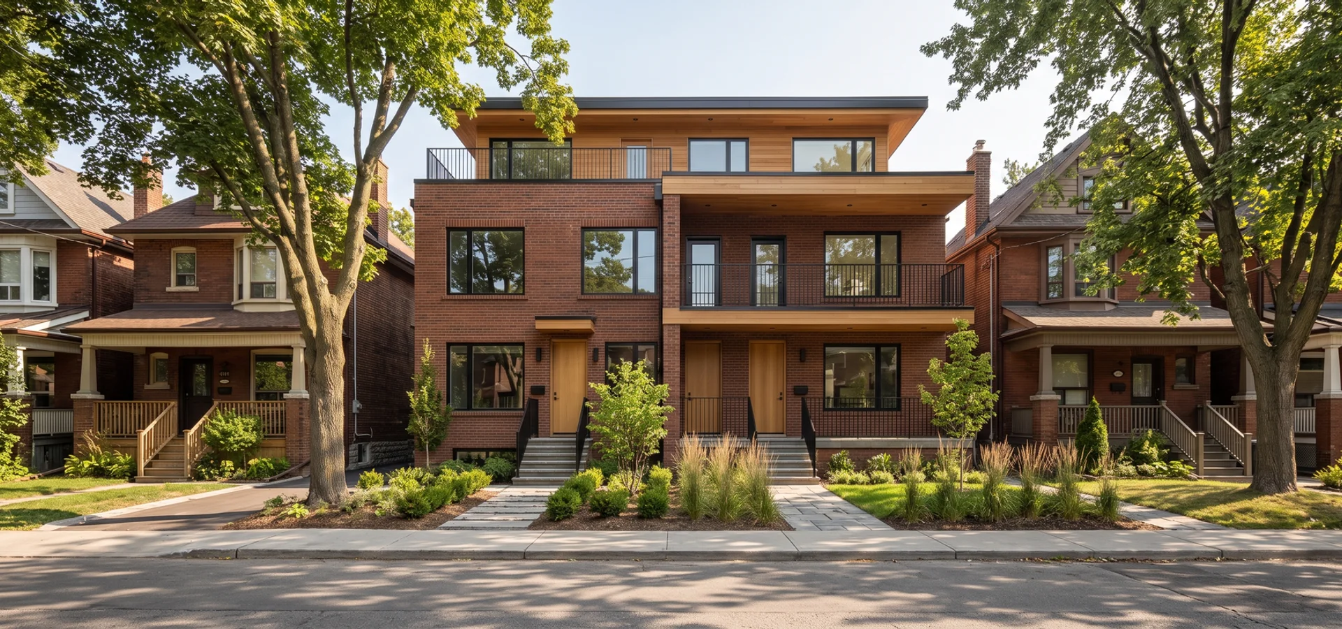 Two-storey rear addition on a Toronto brick house with large casement windows