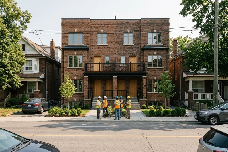 The Multiplex Toronto Builders Crew in front of a finished Toronto fourplex